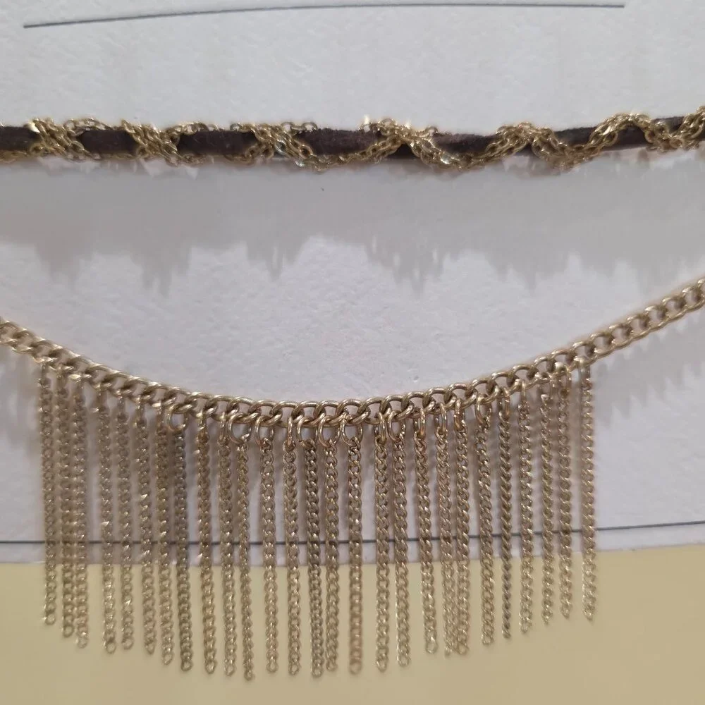 NWT Nordstrom Tribal Boho Festival Gold Chain Leather Choker Fringe Necklace